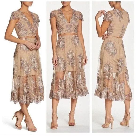 Dress the Population Dresses & Skirts - Dress The Population 2 Piece Set Womens M Beige Floral Embroidered Top Skirt